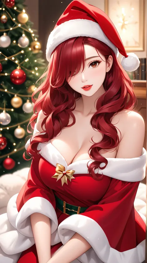  masterpiece,  high definition , 8K quality,  perfect face, ( anime style)、Too many bangs、Soft Wave Medium Hair,  wavy hair, (hair over one eye:1.5), red hair,  small eyes , brown eyes,  beautiful eyes、 Best Quality Eyes ,  beautiful face、 invitation to th...