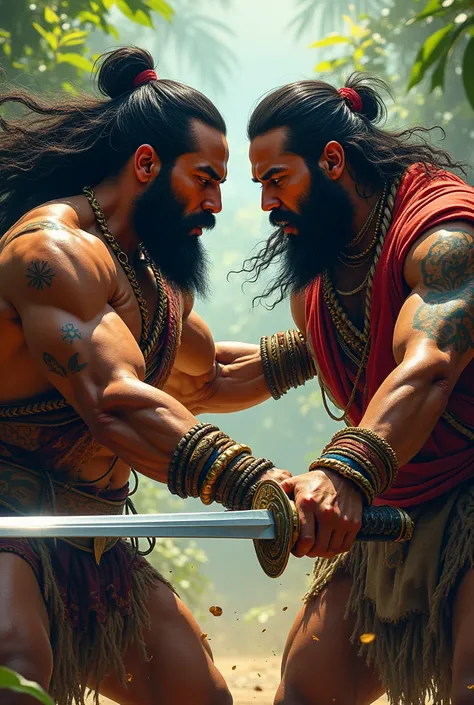 When the two people were fighting, they were still wearing Philippine tribal clothes two men will fight with swords it should be long hair They must also be bearded and make handsome 