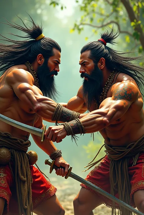 When the two people were fighting, they were still wearing Philippine tribal clothes two men will fight with swords it should be long hair They must also be bearded and make handsome 