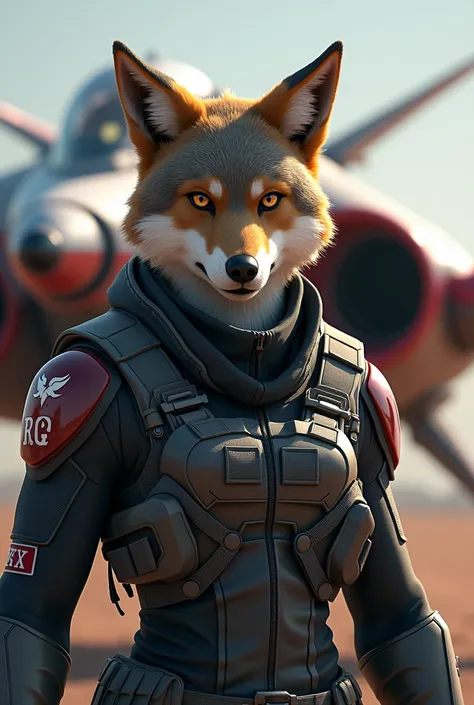 anthromorphic iberian wolf male pilot with his arwing behind him making him look badass like top gun in star fox-inspired theme but has wallpaper for phone