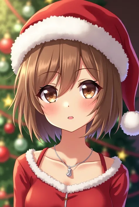  anime-style adult woman with a confident expression, with a serene look. His eyes are brown and his hair is short and brown blonde.. She wears a small silver necklace with a J . In his head,  wears a red Christmas hat with a white pompom . The Christmas b...