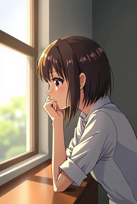  Bored anime girl resting her face on one of her hands, arm on top of a table elbow on the table ,  hand in the face gesture of boredom looking out a window ,  in profile,  short brown hair,  25-year-old girl