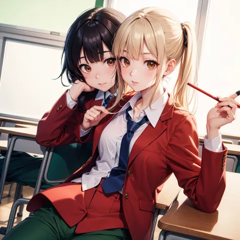 1 , Kiyotaka Ayanokoji, brown eyes, camisa blanca, red blazer, blue tie,  green pants ,  hand in the pocket ,  photograph, HDR-10, classroom, chalkboard,  looking at the camera, limelight, cold look, 