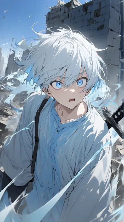 . A teenage male character with light bluish white hair, light blue eyes combined with blue, and wearing a male Japanese schoolgirl shirt..A black tip looking forward, holding a black katana sword, makes a shocked look ,Collapsed building background , 