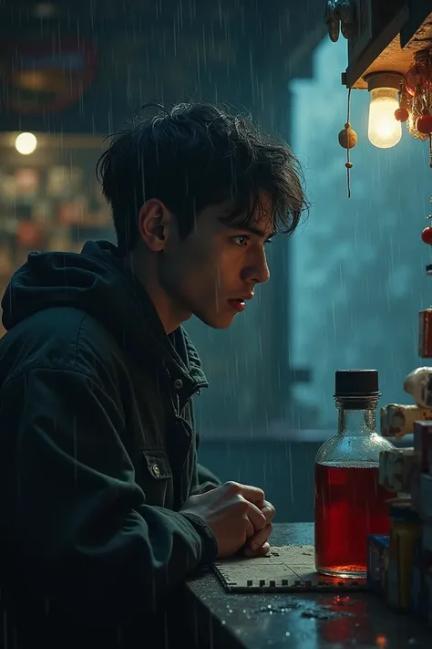 
Scene 7: The Mistake

Prompt: The young handsome man sits frozen in the dark shop, realizing he has given the wrong medicine—a bottle labeled “rat poison” lies on the counter. Rain lashes against the window.
Description: Overwhelmed with guilt, the boy we...