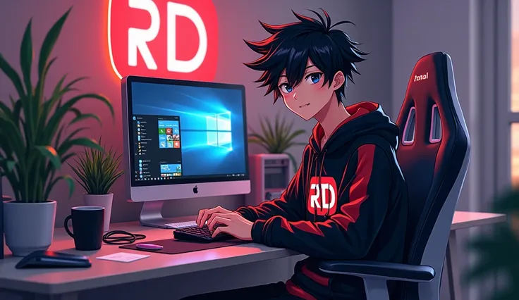 Create a image of

"A s anime boy,

sitting in front of a computer desk with a microphone and laptop, wearing black and red hoodie with the Channel Name on it "RD gaming". The background includes a large gaming logo on the wall, potted plants on either sid...