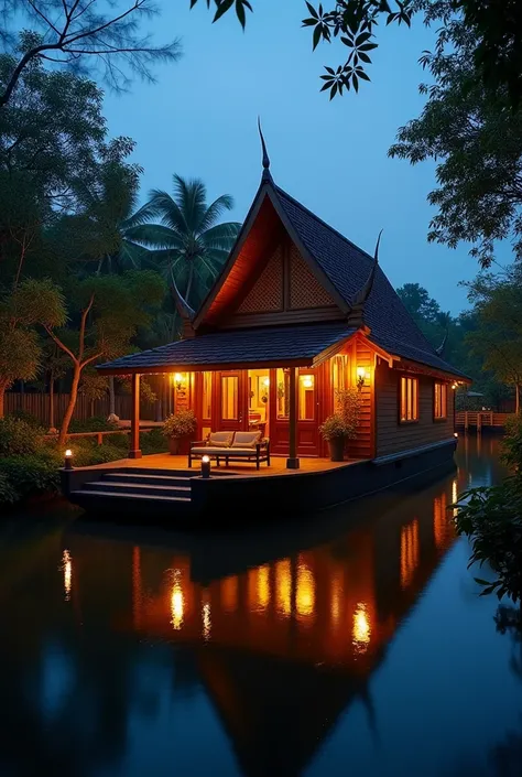 Floating Thai house on a serene canal, lantern-lit evening