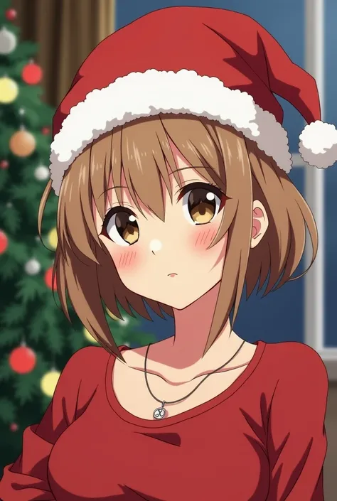  anime-style adult woman with a confident expression, with a serene and decisive look . His eyes are brown and his hair is short and brown blonde.. She wears a small silver necklace with a J . In his head,  wears a red Christmas hat with a white pompom . T...