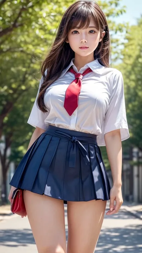  Masterpiece , best quality, very detailed, Kampala ,( realistic ,photo  realistic :1.37),(cowboy shooting:1.2),(Thighs:1.4),  excellent anatomy, beautiful Japanese woman ,  serious high school girl ,  but the skirt is very short ,(middle),(well-proportion...