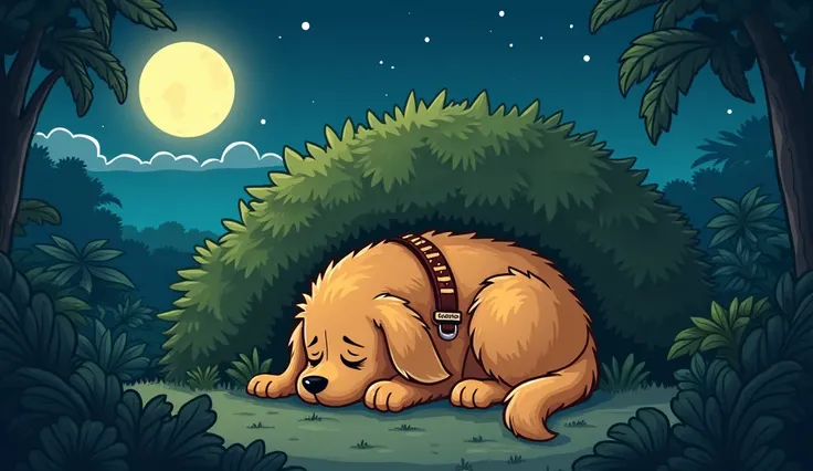  A tired  and shivering cartoon golden retriever with a fluffy coat, wagging tail,( belt with a collar named GOLDIE and address) is shivering from cold curled up under the bush in  jungle( night time) full moon full of stars
