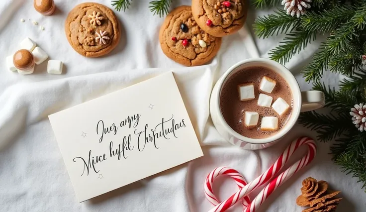 A flat lay of festive items such as cookies, a steaming cup of hot chocolate with marshmallows, candy canes, and a handwritten Christmas card on a white cloth background.
