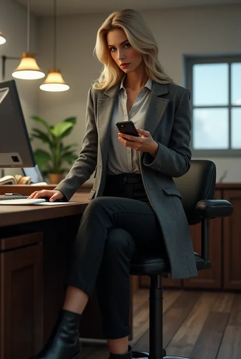 Very beautiful middle aged woman in her 40s working on a bank, using S24 mobile phone, wearing black pants, black boots, grey coat, eyes like a fish and silky hair.