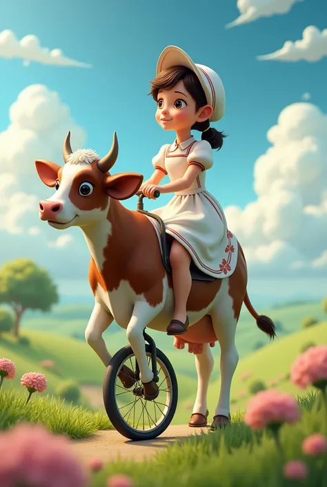 dairy girl sitting on a cow riding a unicycle