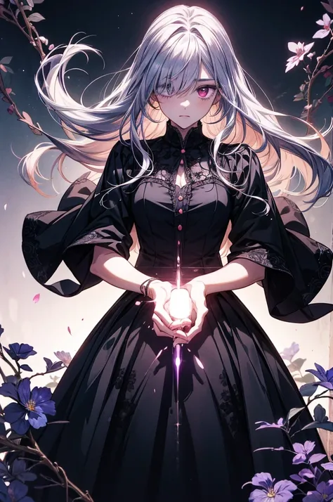 Anime-style illustration of a beautiful anime girl shooting a bow, with pink and purple glowing eyes, silver hair with bangs covering one eye, wearing black lace with intricate floral designs, against a dark background with flowers and vines, dramatic ligh...