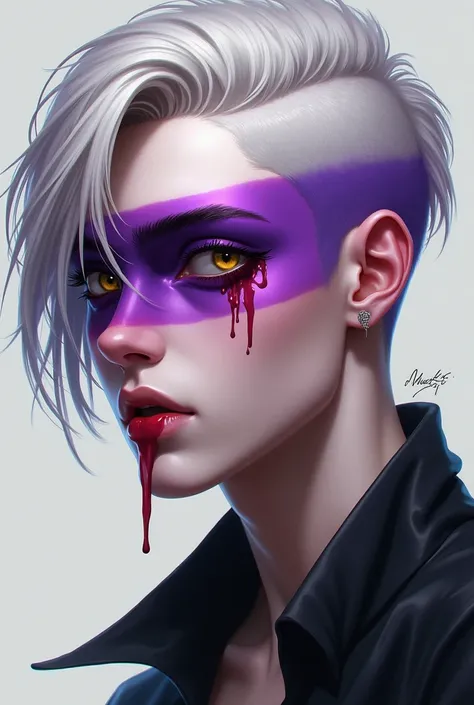 Portrait of a young white man , at 20 years old.  He has platinum hair up to the shoulders , with the horizontal half painted in a purple gradient, and a shaved cut on the left side .  His eyes are yellowish and there is a red liquid flowing from them ,  c...