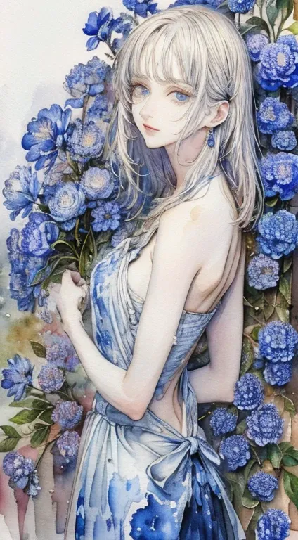 (​masterpiece),(top-quality:1.2),(perfect anatomy),1 girl,(watercolor paiting:1.4),(handdraw:1.2),(Watercolor brush hair),Show your back,Painterly,Paper texture,high resolution,extra detailed facebeautiful detailed blue eyes,soft tones,flat-colors,highcont...