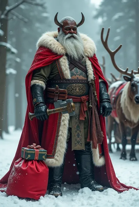 It creates a Full body image that mixes the Norse god Odin with Santa Claus. And add black and very strong African skin, with Viking tattoos on the arms, chest and face, and an eye cap. Holding the hammer mjolnir in one hand and a warhammer 40k Boltgun in ...