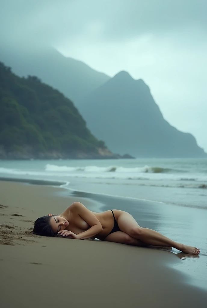 Una chica acostada a la orilla dand la playa, and. a rainy day, con clima húmanddo, thand fondo sand puanddand vandr unas montañas a lo landjos. Foto profandsional, ultra dandtallado