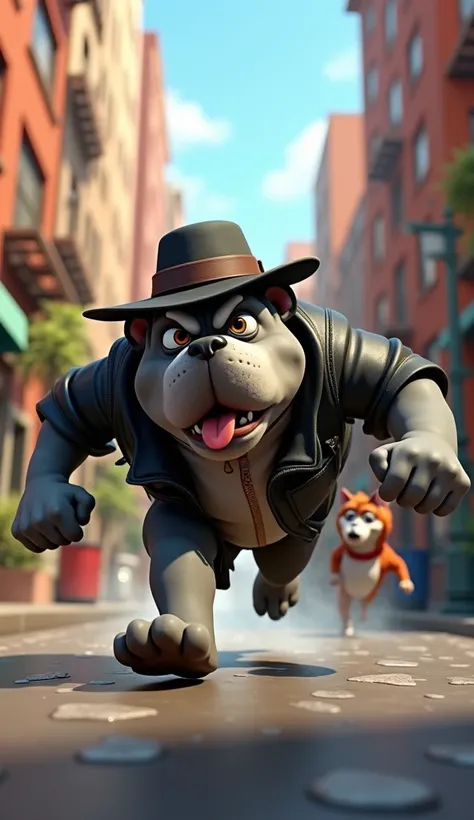 Max(A Bulldog, Stocky build with a broad head and muscular limbs. Short, sleek coat with a mix of gray and black. Distinctive scar above one eye, adding to his tough persona. Wears a classic black leather jacket and a stylish fedora tilted at a jaunty angl...