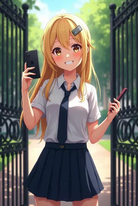 Blonde girl, realistic, fullhd, smiling,  school uniform, standing near the gate, taking a selfie,  character looking forward 