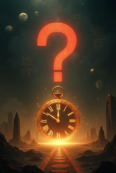 a glowing clock face frozen at 12:00, surrounded by faint ancient Egyptian symbols, pyramids, and a subtle lunar cycle with full moons. Add a dramatic red question mark above the clock and ensure the background is dark with golden highlights, creating a my...