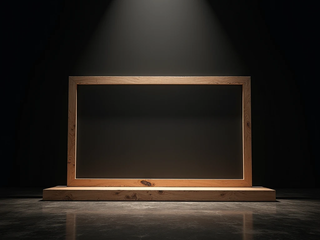 large rectangular and horizontal wooden frame in front of a dark stage