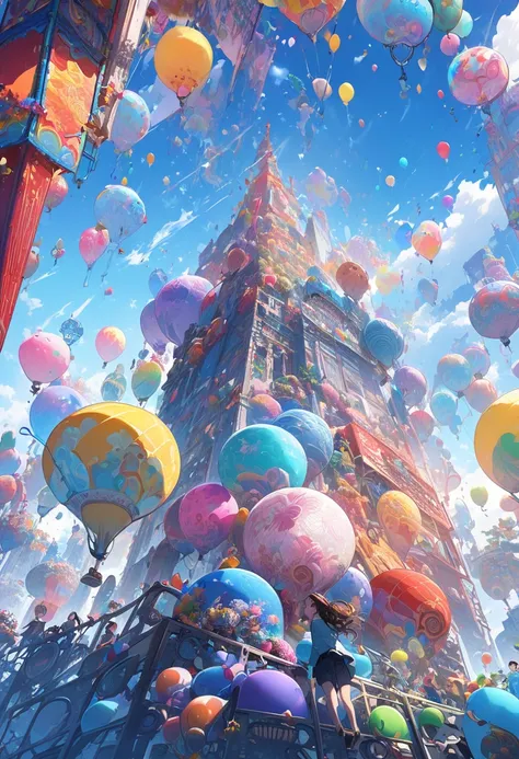 A spectacle of balloons of various sizes climbing from the ground to the blue sky, colorful, fantastic, bright, a stunning picture scroll, and the best picture quality.