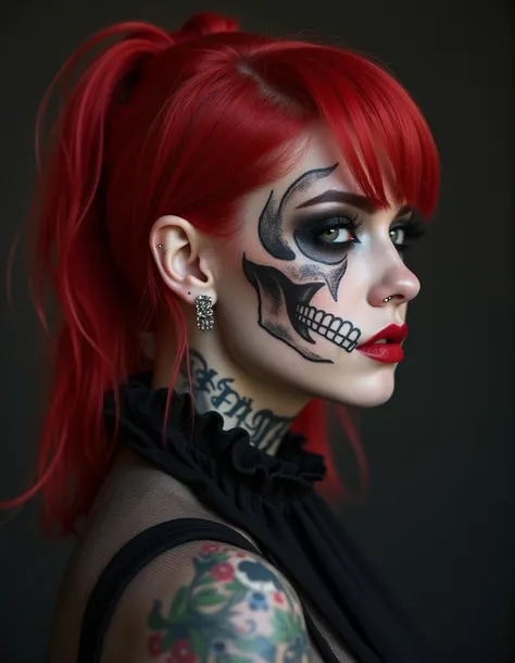 Beautiful Gothicgirl , half la ges red hair shorn one side,  on larynx large skull tattoo ,  nose and eyebrow pierced  , red lipstick and black makeup ,  octane render, UHD, bokeh, hyper high photography 