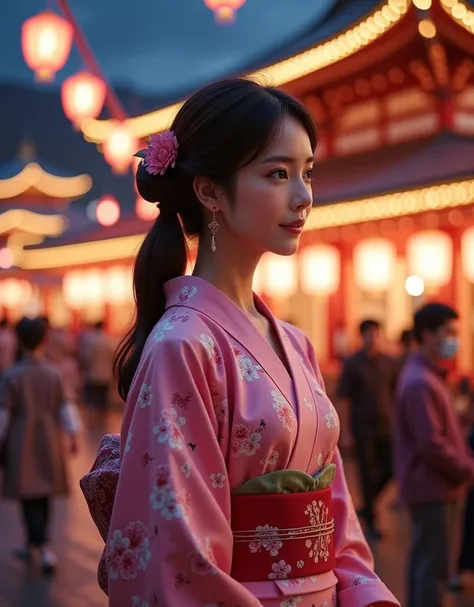 Wearing a white yukata with a pink cherry blossom pattern, a G-cup chest, a realistic Japanese temple festival background, at night, many people