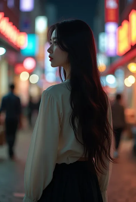 "A photo young Korean woman with long hair, seen from behind, walking down a night busy street. She is dressed in modest, everyday clothing dress with no exposure, exuding a sense of beauty and elegance. The bustling and lively atmosphere of the street con...