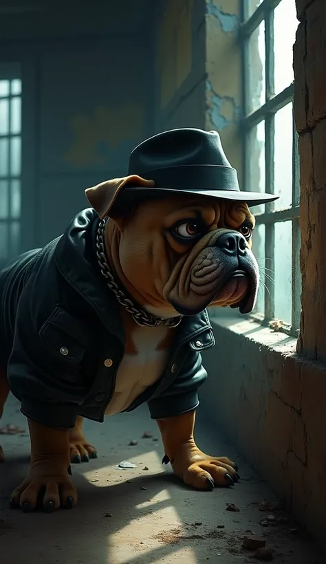 Max(A Bulldog, Stocky build with a broad head and muscular limbs. Short, sleek coat with a mix of gray and black. Distinctive scar above one eye, adding to his tough persona. Wears a classic black leather jacket and a stylish fedora tilted at a jaunty angl...