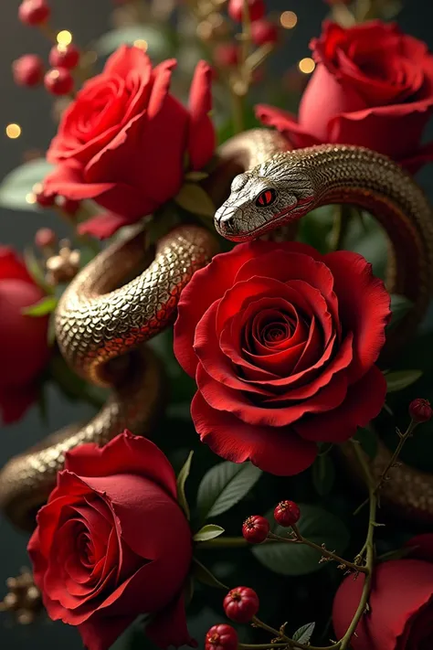   to create an image with red roses and snake heads. Use gold details   .
  only roses and snakes ，There are no other elements .    snakes can wrap around pink  