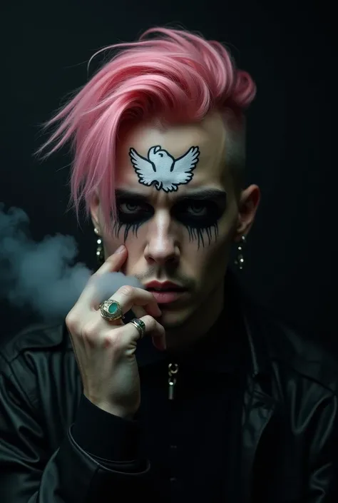 Lil Peep smoking with a black background that is scary 4k quality that he has pink hair and a book-like hairstyle and that he has his Cry Baby tattoo with his dove in his forehead combed booklet with a space on his forehead with a space on his forehead 