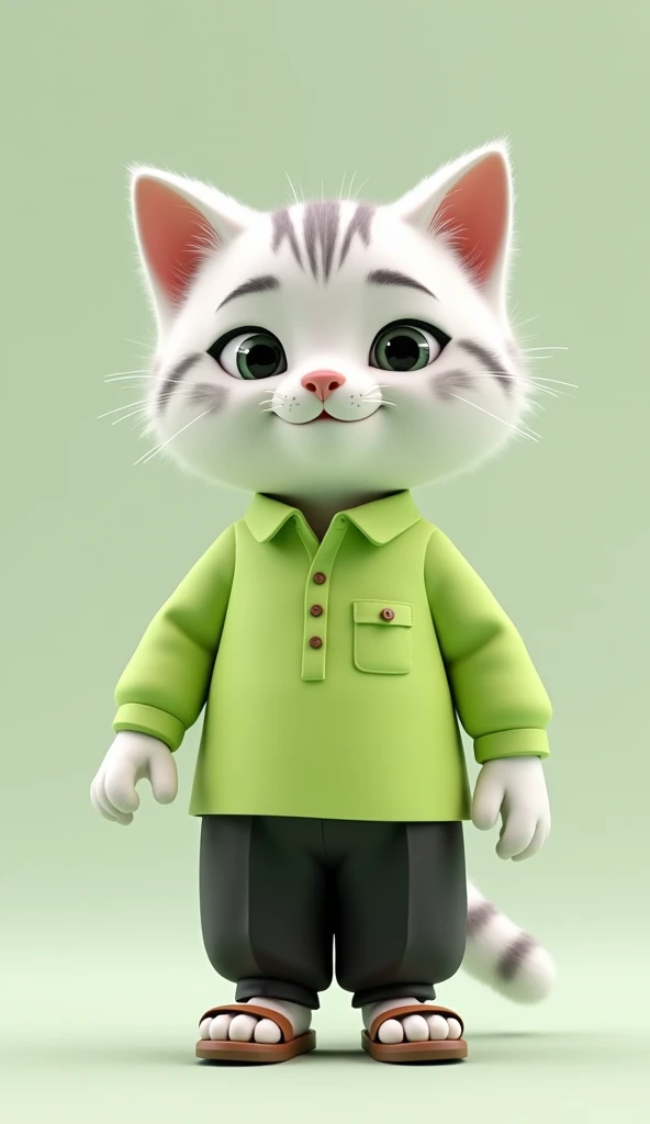 the striped white cat with a funny face. He wore a plain bright light green Muslim shirt without a pattern with one chest pocket, black trousers. wearing sandals.  3d cartoon