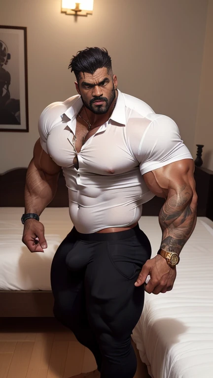 (from below), 1 black indian taller muscular daddy, (((angry and aggressively looking in camera))), (((malicious pervert look))), (very dark hairy skin), (((older: 1.3))), (big belly: 1.2), large build, front shot, (full body shot), (large messy bed in bac...