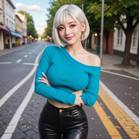 (1 Japanese beauty lady with silvery white hair, short bob cut, BREAK (glossy silver eyes:1.5), (beautiful eyes, twinkle eyes), (large breasts), beautiful face, pretty face, beautiful, good anatomy, long eyelashes, expressive eyes, Perfect Hands, glossy li...