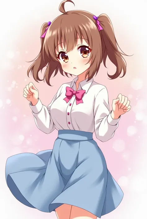 a brown-haired anime loli with pigtails ,  wearing a white shirt with a pink bow and a blue skirt