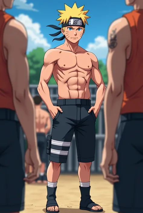 naruto(s ) At the weigh-in before their fight ,wearing very short black pants  ,  barefoot and shirtless  , (without shoes,  flexing the arms to teach the muscles , with a cocky smile( Naruto has a very slender physique and arms) ,  anime style 