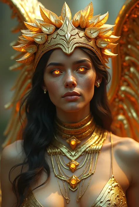 The goddess, Fortuna wearing wreath of gold metalic leaves, winged helmet, glowing benevolent eyes, head to breast, silicone cybernetics. High Resolution, Masterpiece, Award Winning, Best Quality, High Details, High Quality, UHD, Optical Illusion, Impressi...