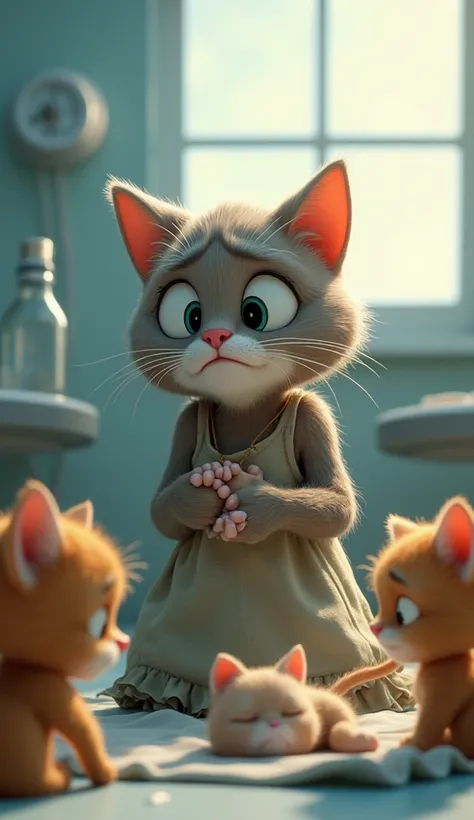 The kitten dies and kitten mother is old dress is crying a lot. In the hospital there are two or three other little kittens who are also crying in hospital room 3d animation cartoon 