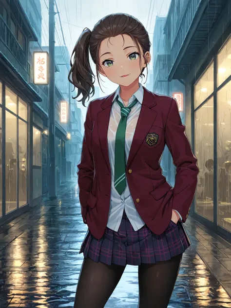 masterpiece, best quality, very aesthetic, realistic anime, Sharp Focus, high contrast, 1girl, detailed green eyes, half opened mouth, smile, dark brown silky hair, hair pulled back, side ponytail, contrapposto, Captivating thighs, uniform, blazers, (hads ...