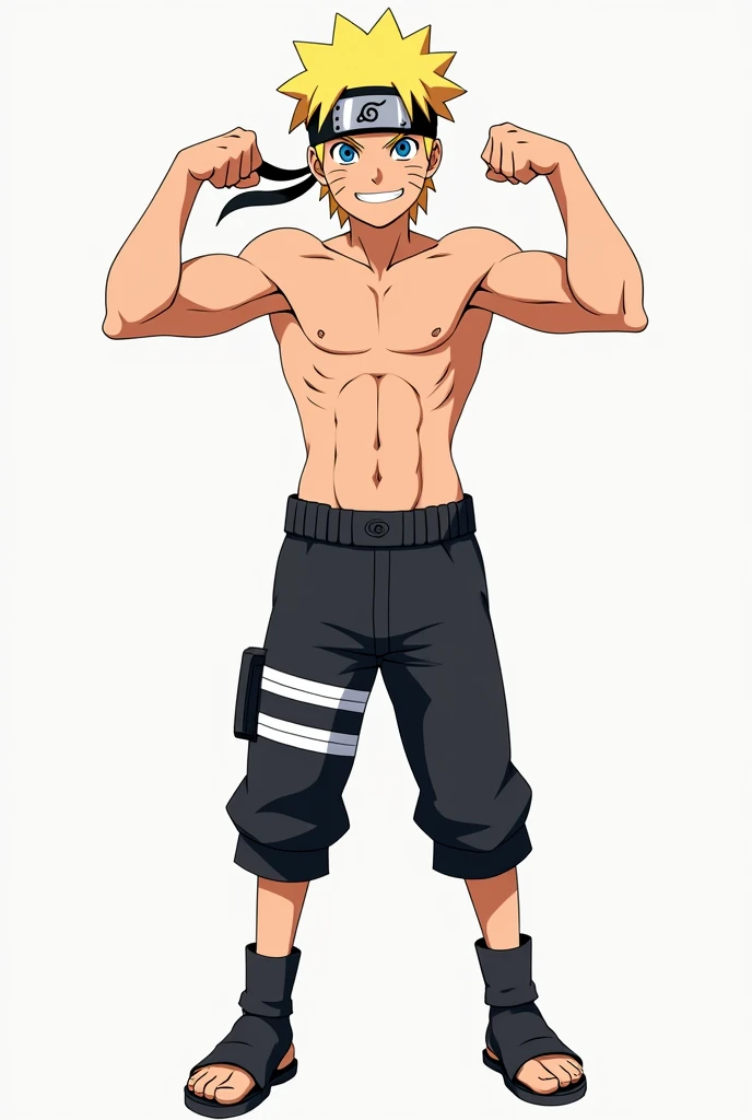 naruto(s ) (without a headband ) ,wearing very short black pants  ,  barefoot and shirtless  , (without shoes,  flexing the arms to teach the muscles , with a cocky smile( Naruto has a very slender physique and arms) ,  anime style 