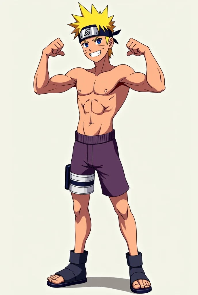 naruto (s ) ,wearing very shorts in purple ,  barefoot and shirtless  , (without shoes, flexing your arms to teach your muscles , with a cocky smile( Naruto has a very slender physique and arms) ,  3d anime style  