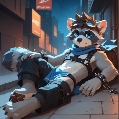 solo, young furry, furry, young, raccoon, grey body, spiked brown hair, Detailed body fur, long blue scarf, leather_harness, black baggy pants, blue loincloth, goggles, masterpiece, gray body, Detailed face, big eyebrows, blue eyes, detailed eyes, No muscl...