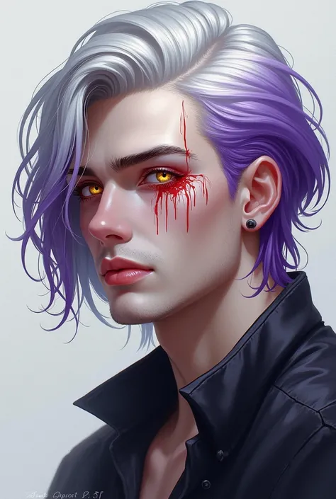 Portrait of a young white man , at 20 years old. He has platinum hair with gradient shades of purple up to his shoulders, and a shaved cut highlighted on the left side.  His eyes are yellowish and there is a red liquid flowing from them ,  creating a strik...