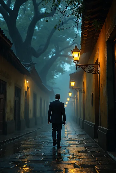 Man in a suit walking alone on a rainy night with colonial lanterns, cobblestone street and dark popayan trees from the 1600s