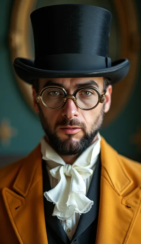 A photographic portrait, chest to head shot of a man wearing steampunk style glasses and top hat, his  
 ocher color suit is Victorian in style with a ruffled shirt on the chest looking directly at the camera. 8K high resolution photography, a masterpiece ...