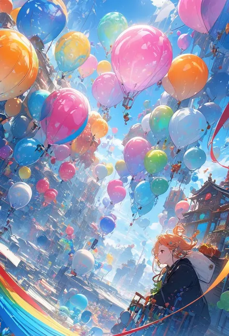 A spectacle of balloons of various sizes climbing from the ground to the blue sky, colorful, fantastic, bright, a stunning picture scroll, and the best picture quality.