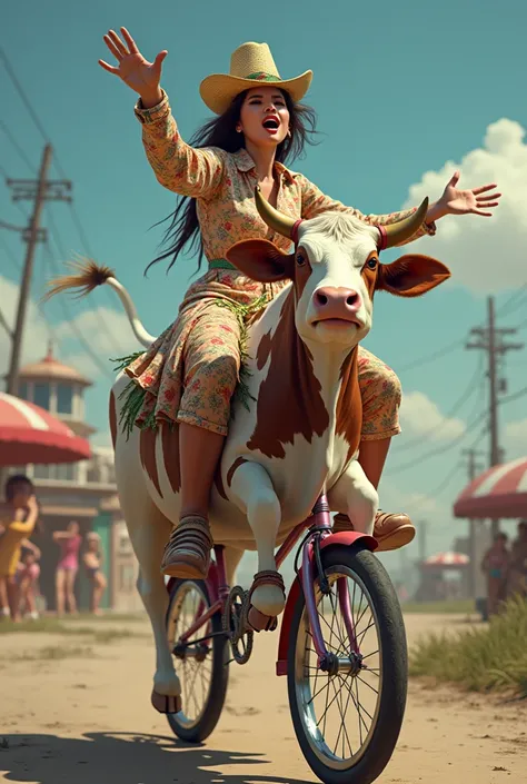 crazy cringe girl with crazy cringe outfit singing and sitting on a cow that riding  a unicycle so fire