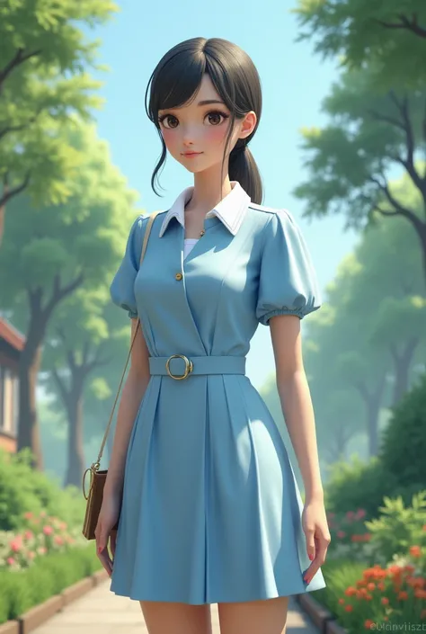 3D drawing of a female servant,  full body , sky blue uniform park  